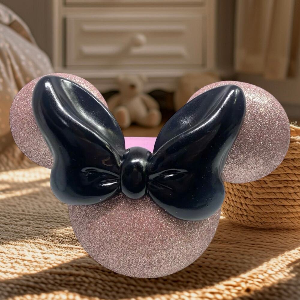 NIB Disney Home Minnie Mouse Large Vanity Organizer Glittery Pink with Black Bow